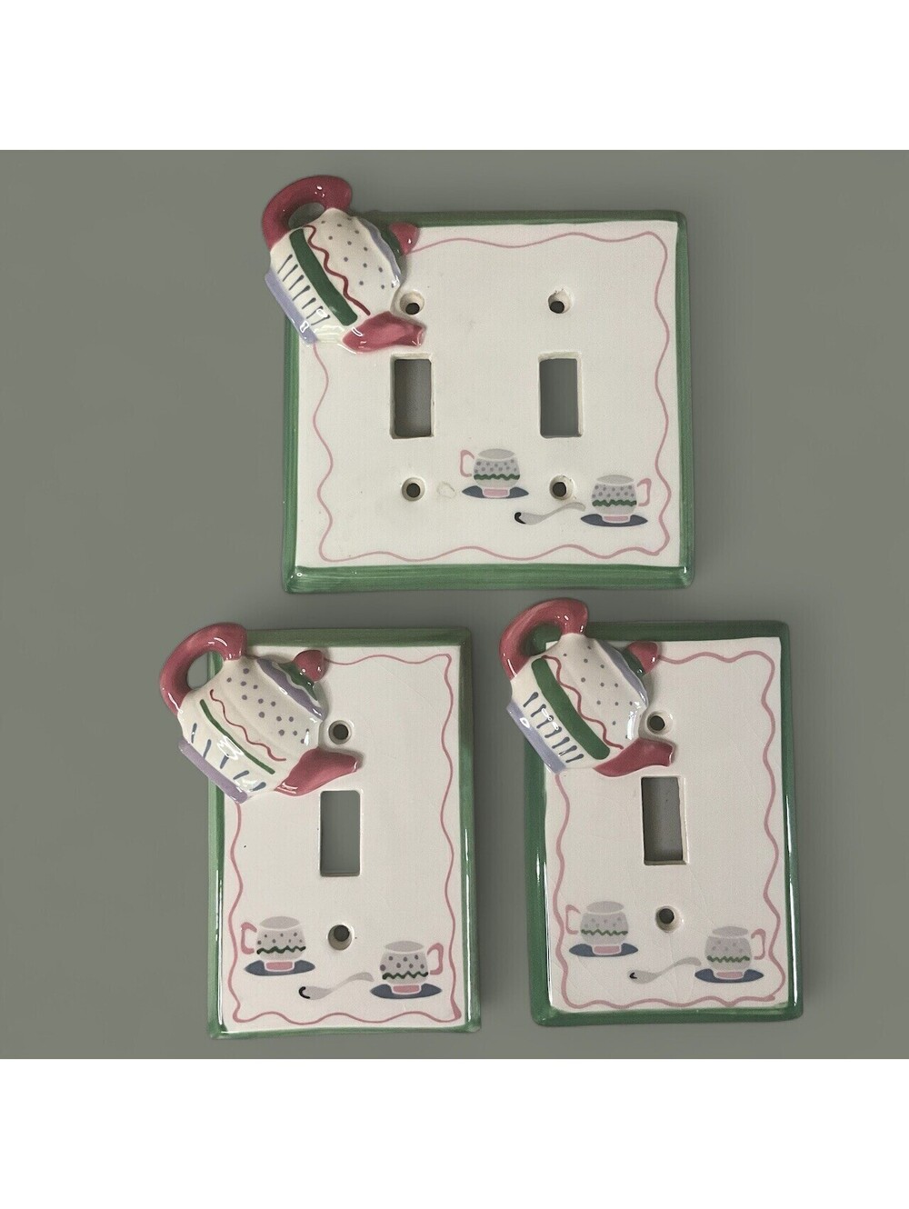 Teapot & Cups Ceramic Light Switch Covers All Fired Up Lot of 3 Handpainted